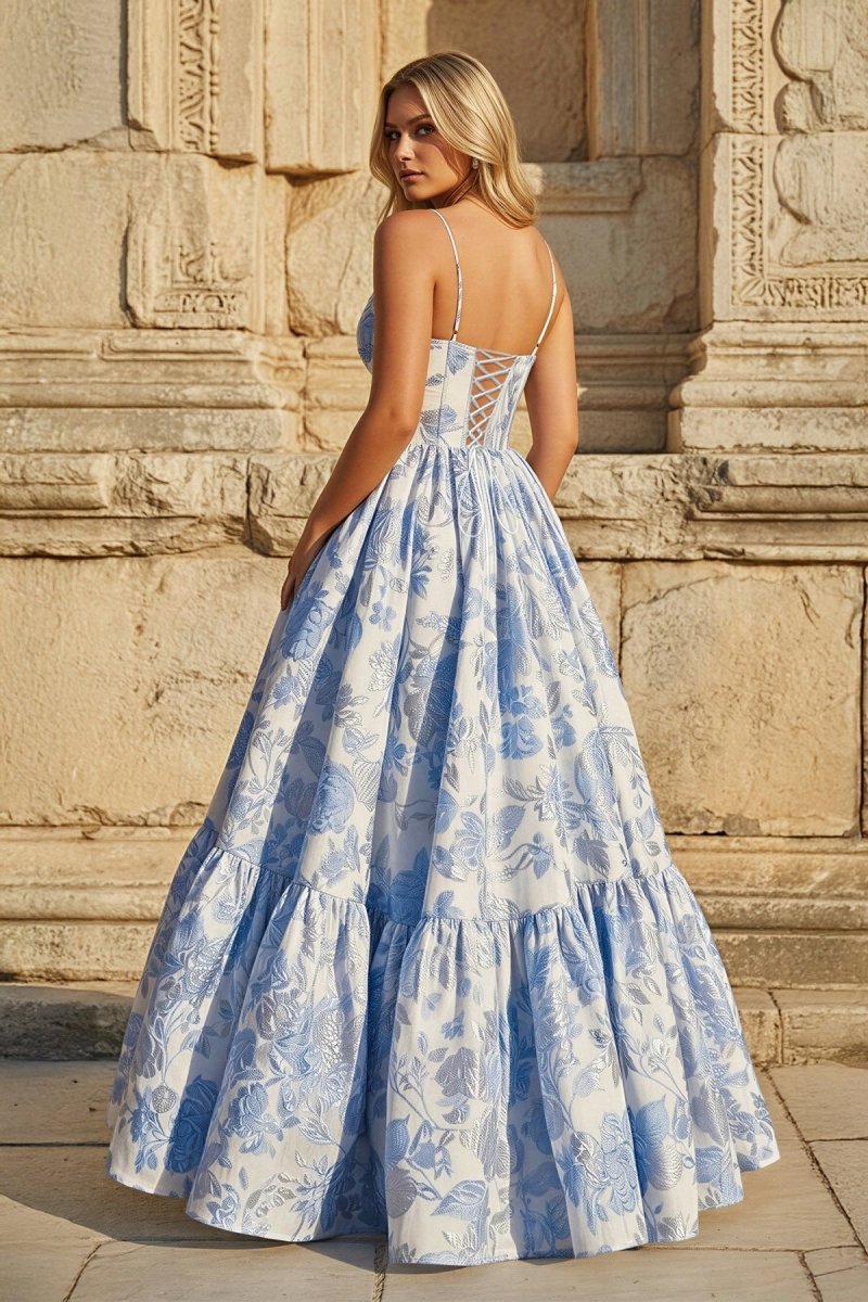 KissProm Blue A-Line Spaghetti Straps Floral Jacquard Satin Long Prom Dresses with Keyhole, Blue / 4