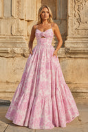 Pink A - Line Spaghetti Straps Floral Jacquard Satin Long Prom Dresses with Keyhole - KissProm
