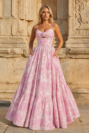 Pink A - Line Spaghetti Straps Floral Jacquard Satin Long Prom Dresses with Keyhole - KissProm