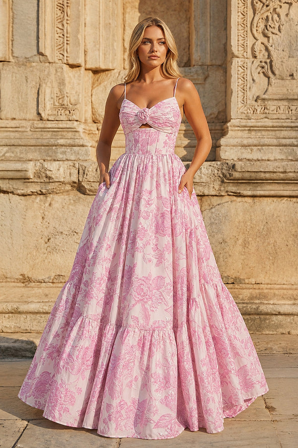 Pink A - Line Spaghetti Straps Floral Jacquard Satin Long Prom Dresses with Keyhole - KissProm