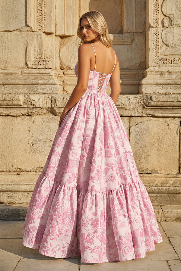 Pink A - Line Spaghetti Straps Floral Jacquard Satin Long Prom Dresses with Keyhole - KissProm