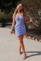 Dell | Lavender - V Neck Bodycon Short Homecoming Dresses With Appliques