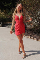 Dell | Red - V Neck Bodycon Short Homecoming Dresses With Appliques