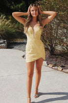 Dell | Yellow - V Neck Bodycon Short Homecoming Dresses With Appliques