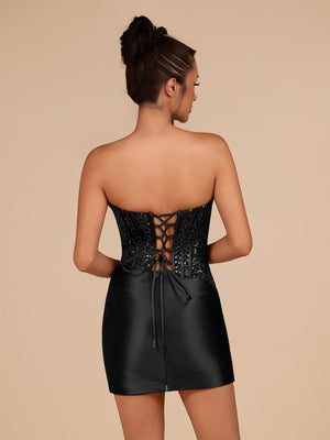 silky satin pleated trim corset strapless party mini dress Silky Satin Pleated Trim Corset Strapless Party Mini Dress - Black