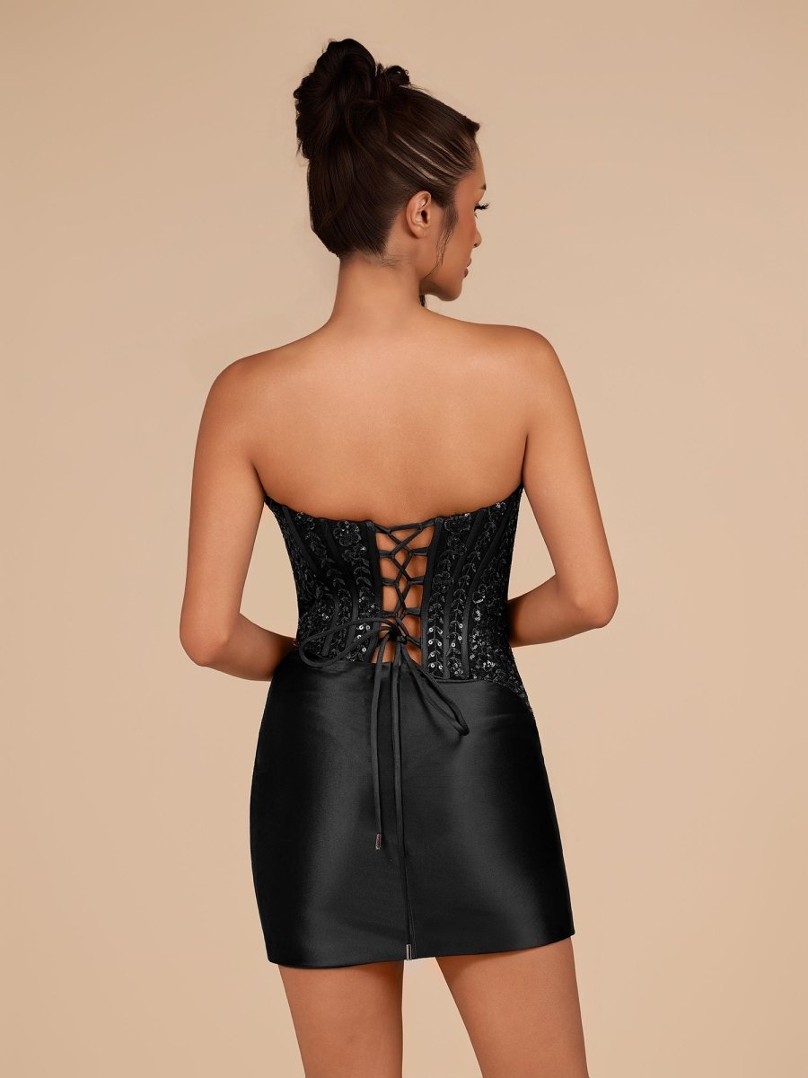 Delmira | Black - Strapless Bodycon Satin Pleated Short Homecoming Dresses With Beading