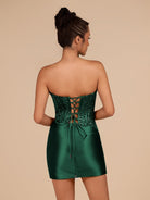 Delmira | Black - Strapless Bodycon Satin Pleated Short Homecoming Dresses With Beading - KissProm