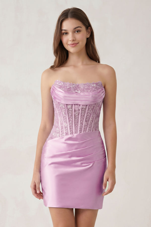 Lilac - Strapless Bodycon Satin Pleated Short Homecoming & Cocktail Dresses With Beading - KissProm