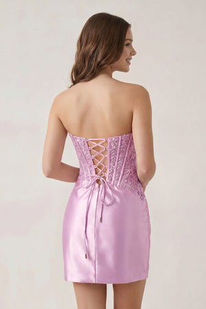 Lilac - Strapless Bodycon Satin Pleated Short Homecoming & Cocktail Dresses With Beading - KissProm
