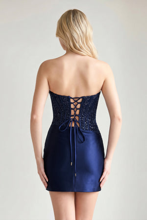 Navy Blue Strapless Bodycon Satin Pleated Short Homecoming & Cocktail Dresses With Beading - KissProm  