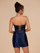 Delmira | Navy Blue - Strapless Bodycon Satin Pleated Short Homecoming Dresses With Beading