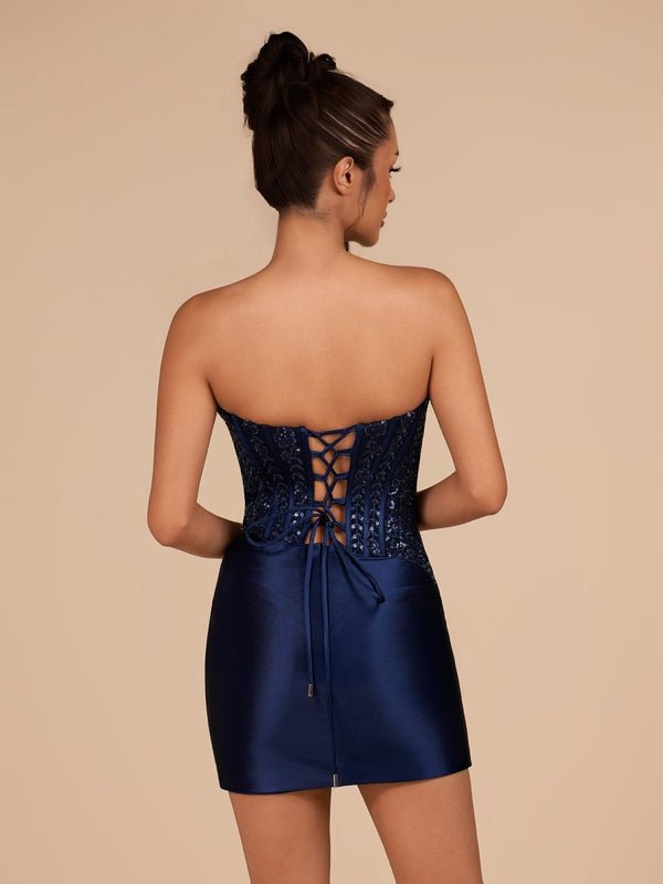 Delmira | Navy Blue - Strapless Bodycon Satin Pleated Short Homecoming Dresses With Beading