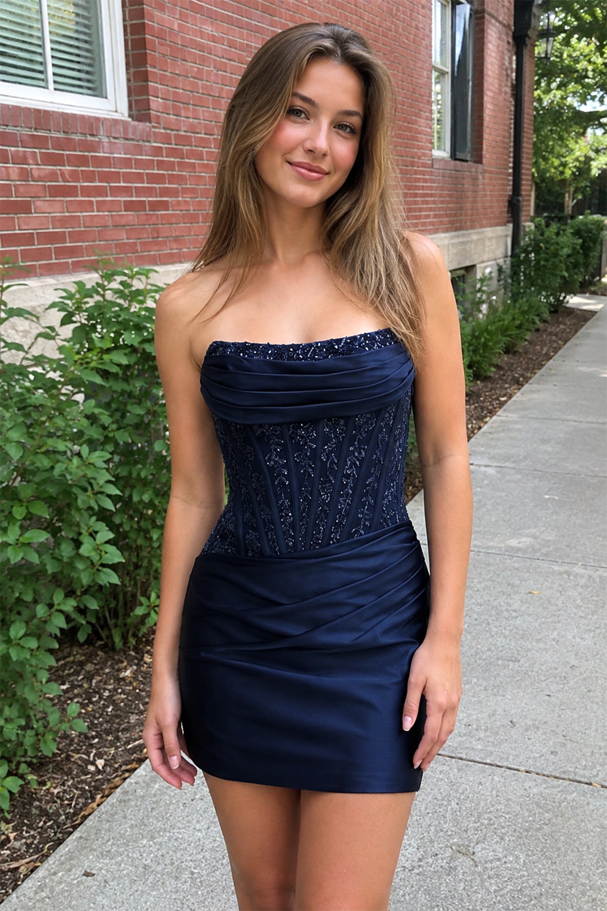 KissProm Navy Blue Strapless Bodycon Satin Pleated Short Homecoming & Cocktail Dresses With Beading, Navy Blue / 10