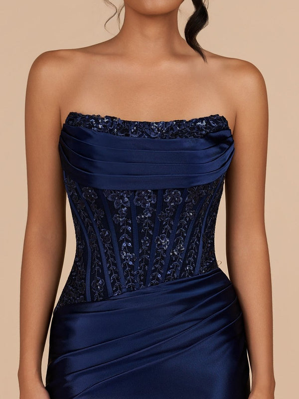 Navy Blue Strapless Bodycon Satin Pleated Short Homecoming & Cocktail Dresses With Beading, Navy Blue / 10