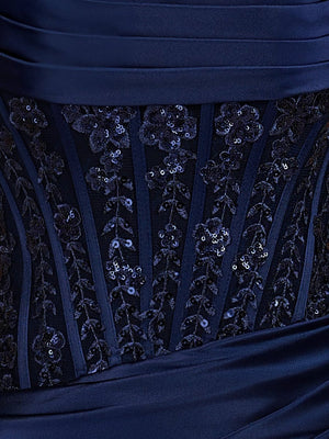 Delmira | Navy Blue - Strapless Bodycon Satin Pleated Short Homecoming Dresses With Beading