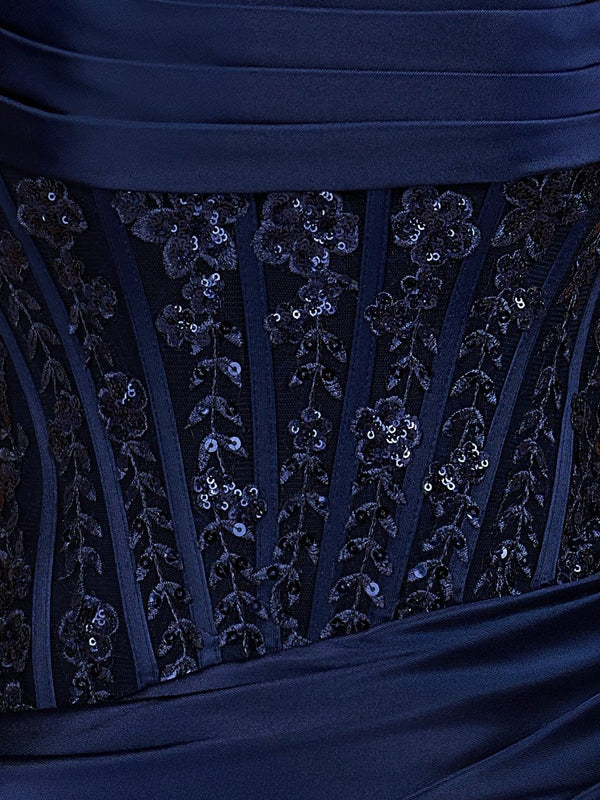 Delmira | Navy Blue - Strapless Bodycon Satin Pleated Short Homecoming Dresses With Beading