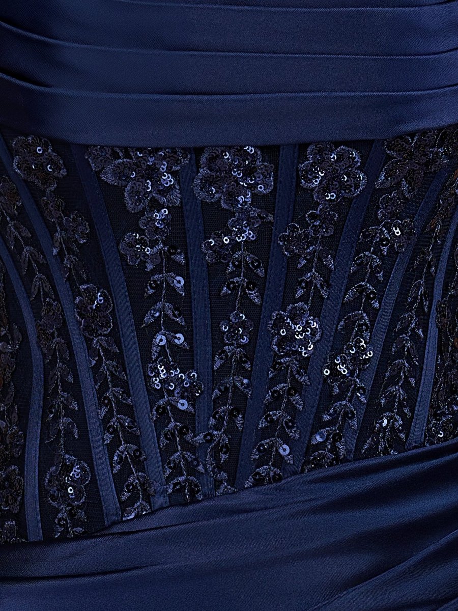 Delmira | Navy Blue - Strapless Bodycon Satin Pleated Short Homecoming Dresses With Beading