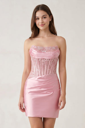 Delmira | Pink - Strapless Bodycon Satin Pleated Short Homecoming Dresses With Beading