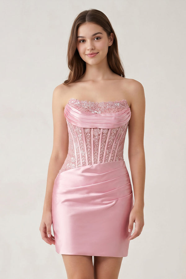 Delmira | Pink - Strapless Bodycon Satin Pleated Short Homecoming Dresses With Beading