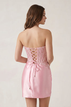 Delmira | Pink - Strapless Bodycon Satin Pleated Short Homecoming Dresses With Beading