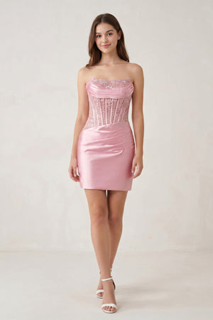 Delmira | Pink - Strapless Bodycon Satin Pleated Short Homecoming Dresses With Beading