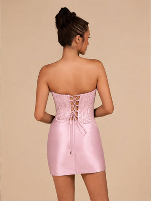 Delmira | Pink - Strapless Bodycon Satin Pleated Short Homecoming Dresses With Beading