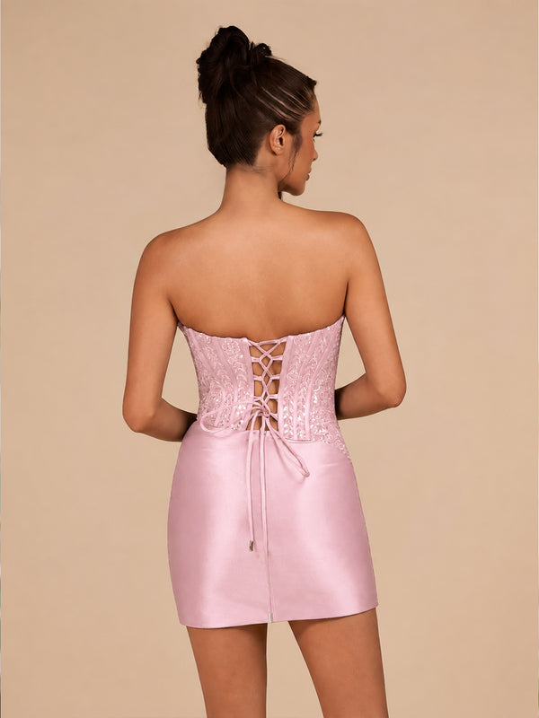 Delmira | Pink - Strapless Bodycon Satin Pleated Short Homecoming Dresses With Beading