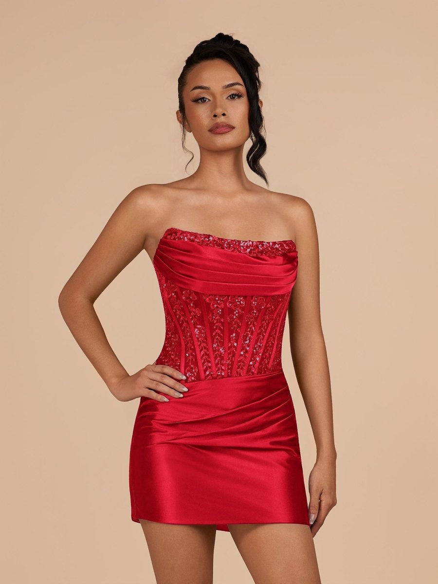 Delmira | Red - Strapless Bodycon Satin Pleated Short Homecoming Dresses With Beading