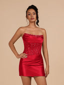 Delmira | Red - Strapless Bodycon Satin Pleated Short Homecoming Dresses With Beading