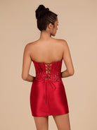 Delmira | Red - Strapless Bodycon Satin Pleated Short Homecoming Dresses With Beading