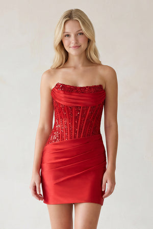 Delmira | Red - Strapless Bodycon Satin Pleated Short Homecoming Dresses With Beading
