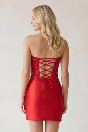 Delmira | Red - Strapless Bodycon Satin Pleated Short Homecoming Dresses With Beading
