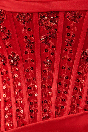 Delmira | Red - Strapless Bodycon Satin Pleated Short Homecoming Dresses With Beading