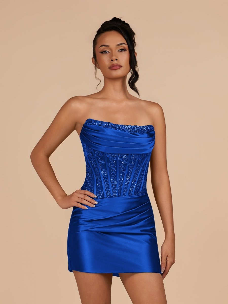 KissProm Navy Blue Strapless Bodycon Satin Pleated Short Homecoming & Cocktail Dresses With Beading, Royal Blue / 0