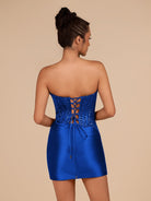 Delmira | Royal Blue - Strapless Bodycon Satin Pleated Short Homecoming Dresses With Beading