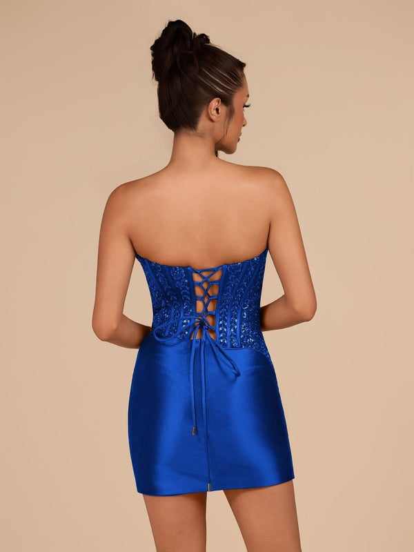 Delmira | Royal Blue - Strapless Bodycon Satin Pleated Short Homecoming Dresses With Beading