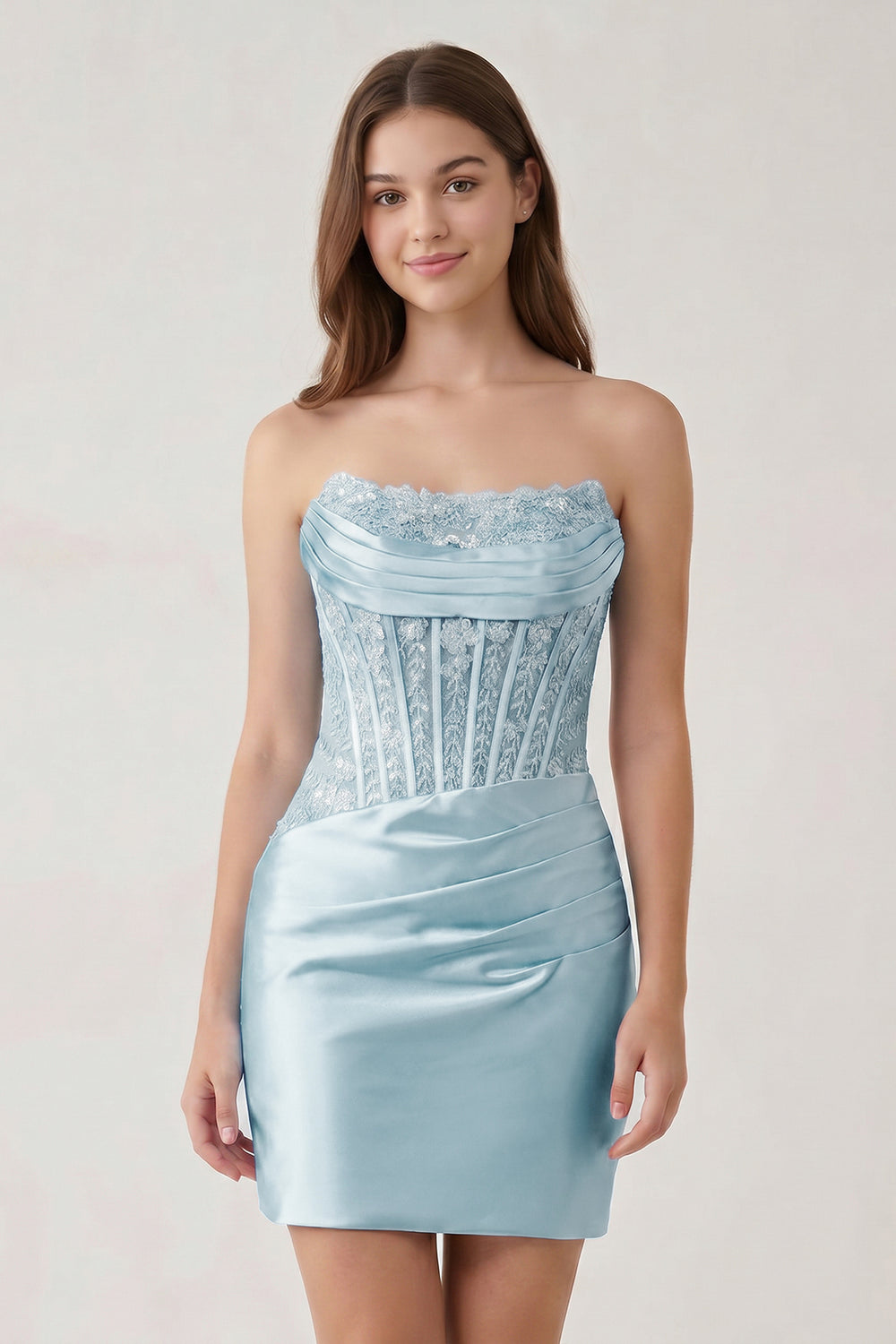 Sky Blue - Strapless Bodycon Satin Pleated Short Homecoming & Cocktail Dresses With Beading - KissProm