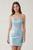 Sky Blue - Strapless Bodycon Satin Pleated Short Homecoming & Cocktail Dresses With Beading - KissProm