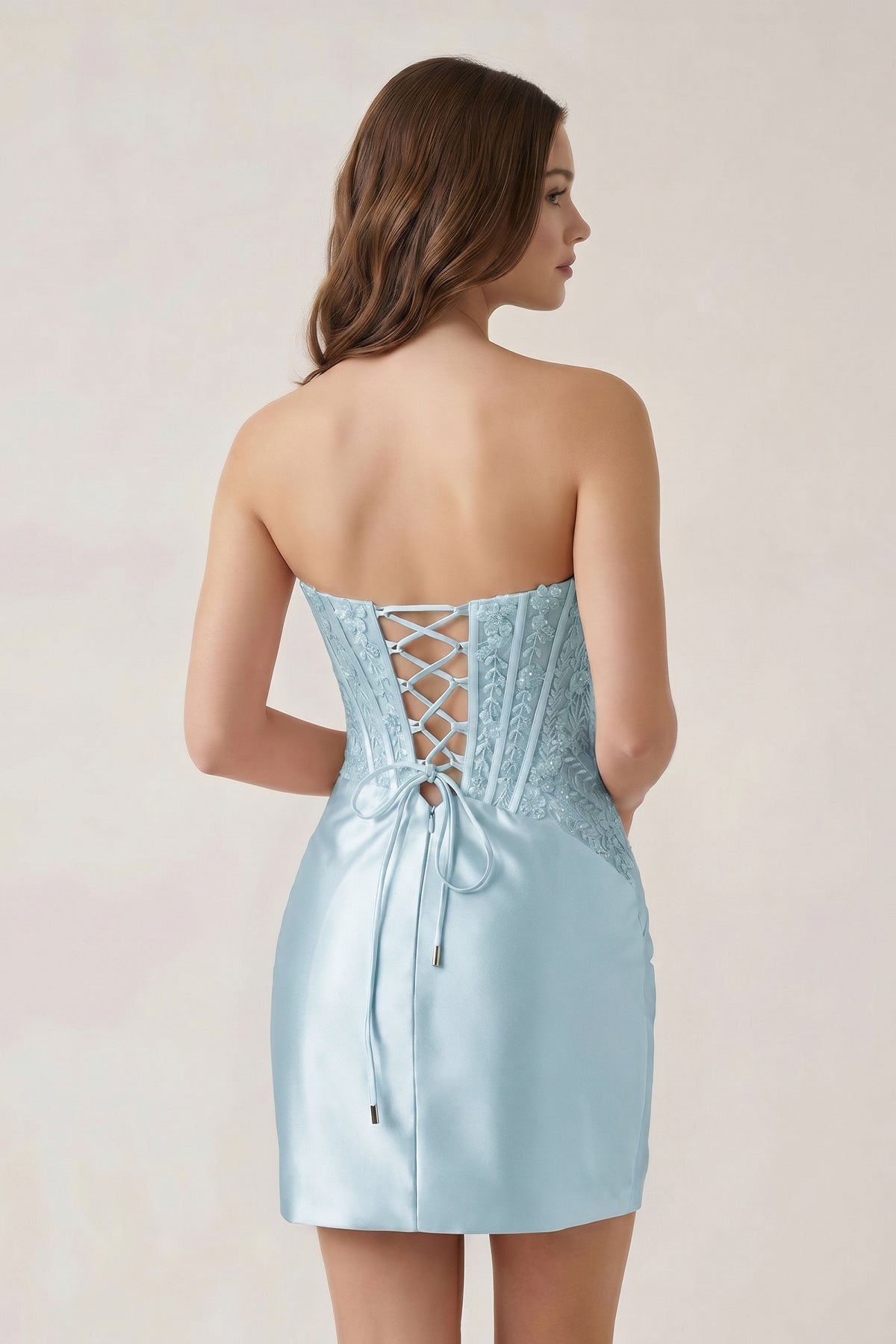 KissProm Navy Blue Strapless Bodycon Satin Pleated Short Homecoming & Cocktail Dresses With Beading, Sky Blue / 00