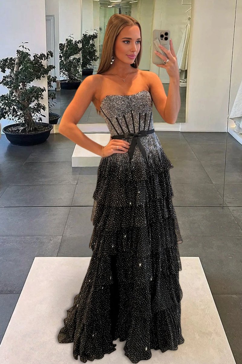 Deloria | Black - White Strapless A Line Tulle Ruffled Formal Prom Dresses With Beading - KissProm