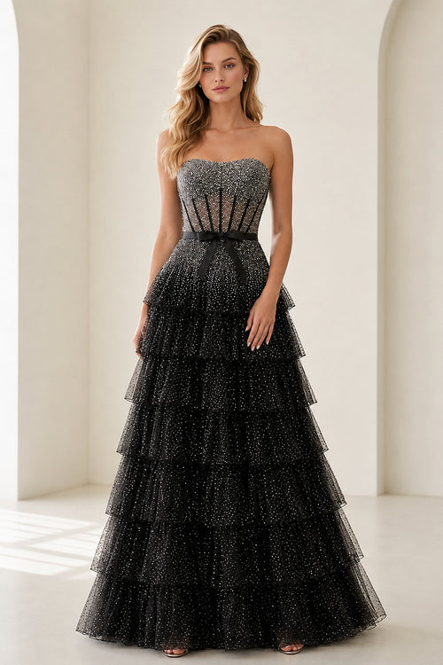 Black-White Strapless A Line Tulle Ruffled Formal Prom Dresses With Beading - KissProm