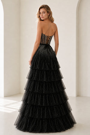 Black-White Strapless A Line Tulle Ruffled Formal Prom Dresses With Beading - KissProm