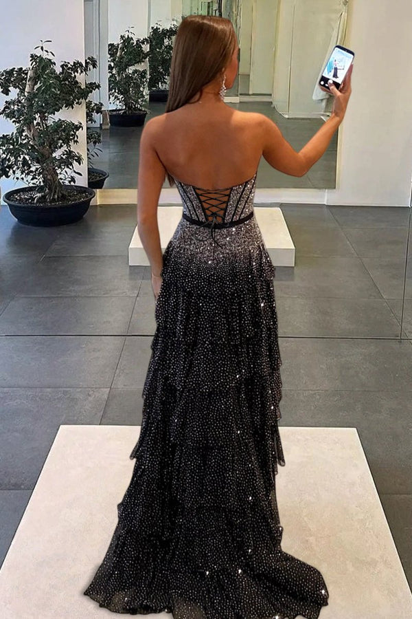 Black-White Strapless A Line Tulle Ruffled Formal Prom Dresses With Beading Black-White Strapless A Line Tulle Ruffled Formal Prom Dresses With Beading