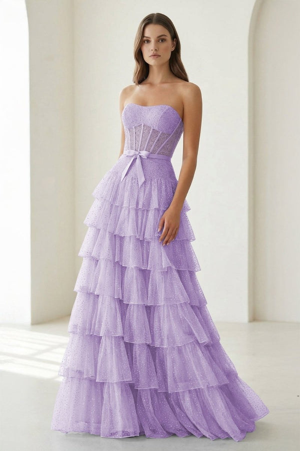 Deloria | Lavender - Strapless A Line Tulle Ruffled Formal Prom Dresses With Beading-KissProm