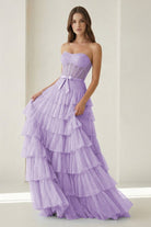 Deloria | Lavender - Strapless A Line Tulle Ruffled Formal Prom Dresses With Beading-KissProm