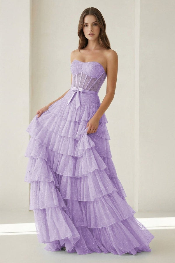 Deloria | Lavender - Strapless A Line Tulle Ruffled Formal Prom Dresses With Beading-KissProm