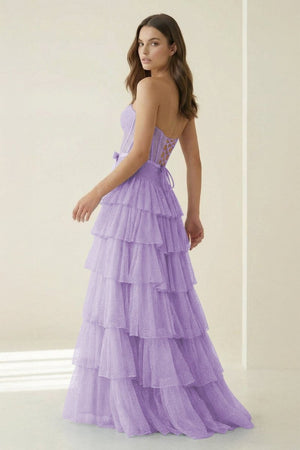 Deloria | Lavender - Strapless A Line Tulle Ruffled Formal Prom Dresses With Beading-KissProm