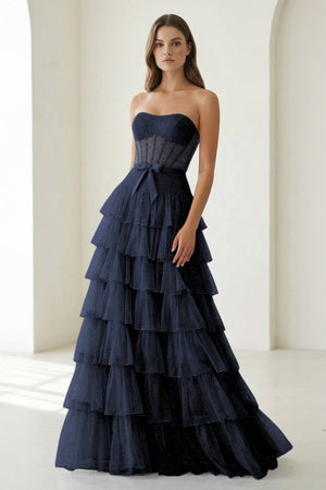 Deloria | Navy Blue - Strapless A Line Tulle Ruffled Formal Prom Dresses With Beading-KissProm