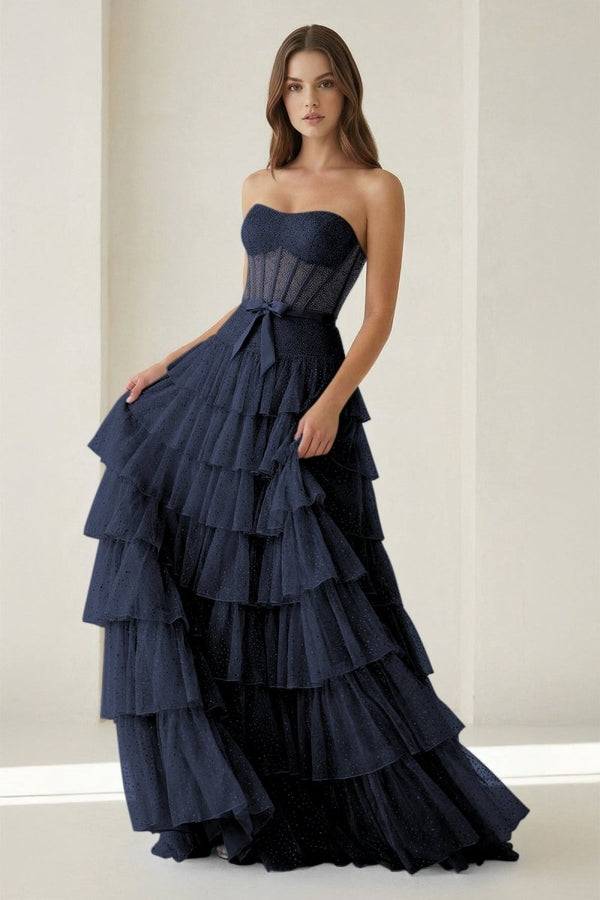 Black-White Strapless A Line Tulle Ruffled Formal Prom Dresses With Beading - KissProm