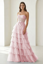 Deloria | Pink - Strapless A Line Tulle Ruffled Formal Prom Dresses With Beading-KissProm